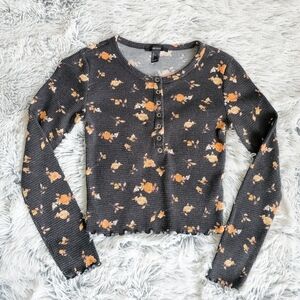 Forever 21 Floral Long Sleeve Waffle Knit Henley Top Size Small